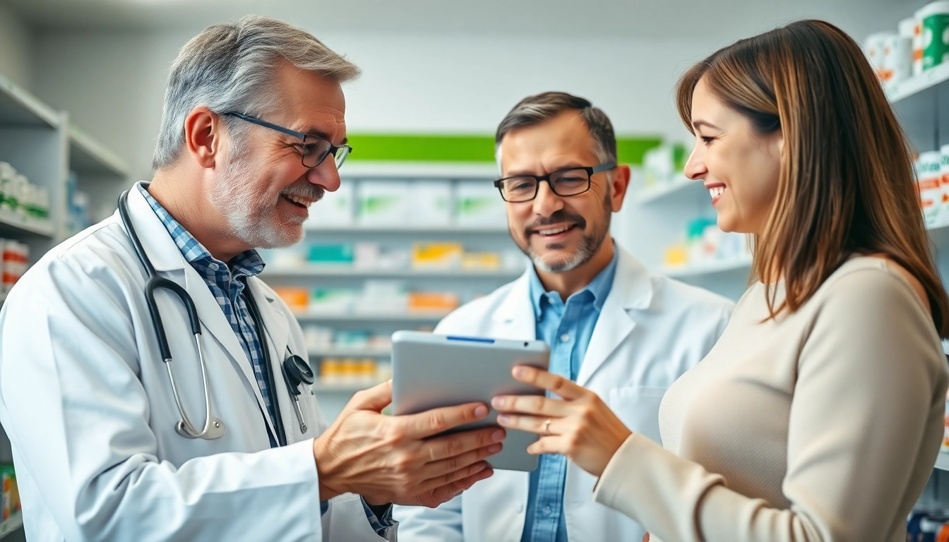 Patient using time saving prescription apps with doctor in modern pharmacy setting.