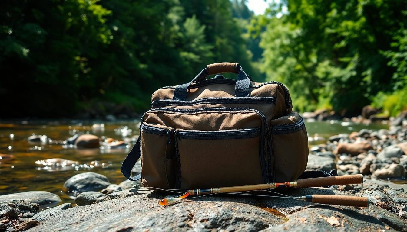 Showcase a Fly fishing bag in a natural river setting, highlighting its features and outdoor usage.