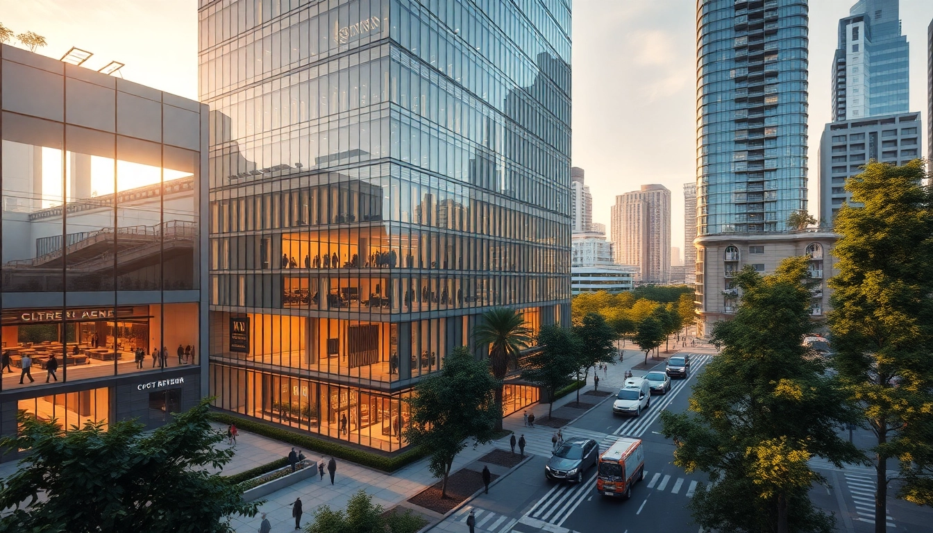 Architekturvisualisierung eines modernen Gebäudes mit lebendiger urbaner Umgebung und natürlichen Elementen.